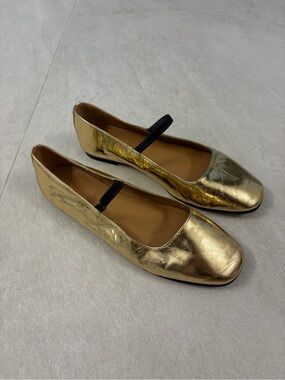 Madewell Metallic Gold Ballet Flats/Black Elastic Strap SZ 8.5 Women’s Like New